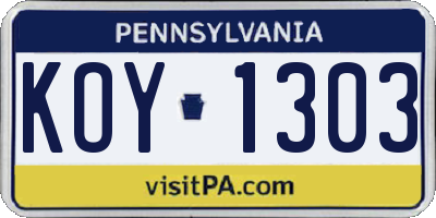 PA license plate KOY1303