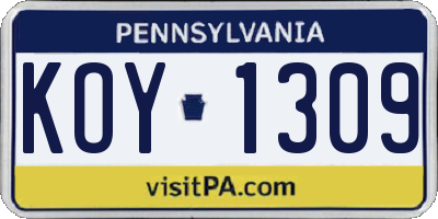 PA license plate KOY1309