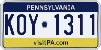 PA license plate KOY1311