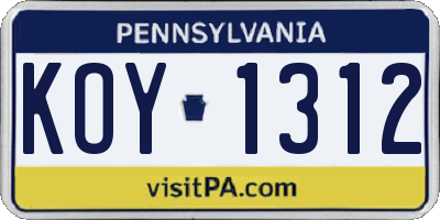 PA license plate KOY1312