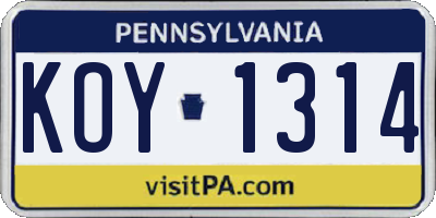 PA license plate KOY1314