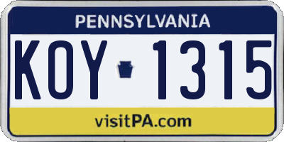 PA license plate KOY1315