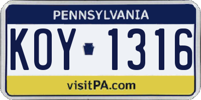 PA license plate KOY1316