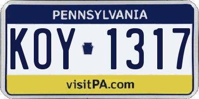 PA license plate KOY1317