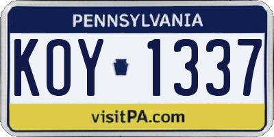 PA license plate KOY1337