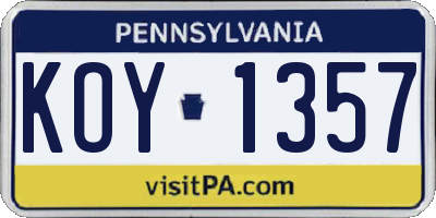 PA license plate KOY1357