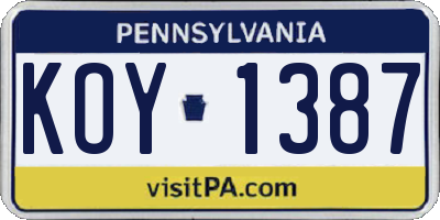 PA license plate KOY1387