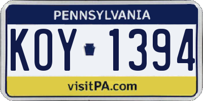 PA license plate KOY1394