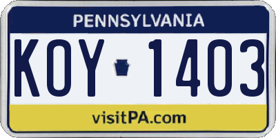 PA license plate KOY1403