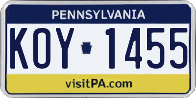 PA license plate KOY1455