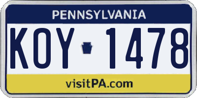 PA license plate KOY1478