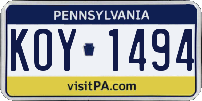 PA license plate KOY1494