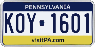 PA license plate KOY1601