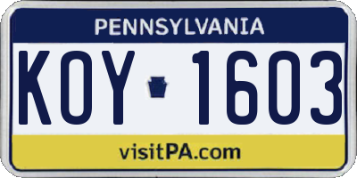 PA license plate KOY1603