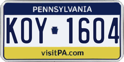 PA license plate KOY1604