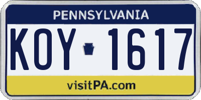 PA license plate KOY1617