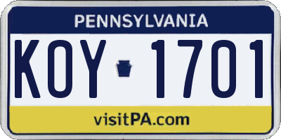 PA license plate KOY1701
