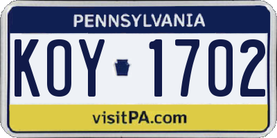 PA license plate KOY1702