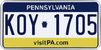 PA license plate KOY1705
