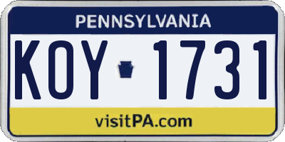 PA license plate KOY1731