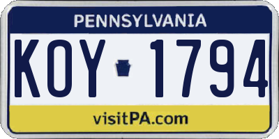 PA license plate KOY1794