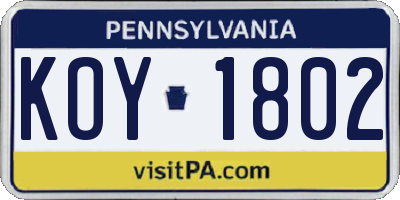 PA license plate KOY1802