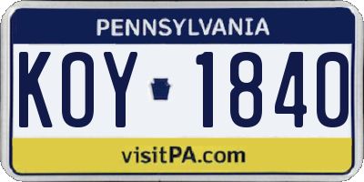 PA license plate KOY1840