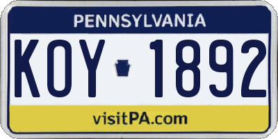 PA license plate KOY1892