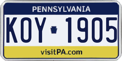 PA license plate KOY1905