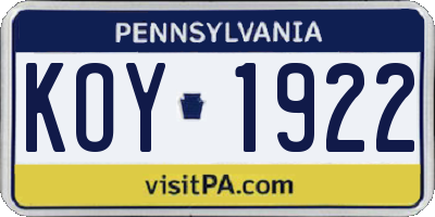 PA license plate KOY1922