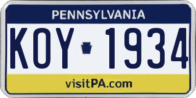 PA license plate KOY1934