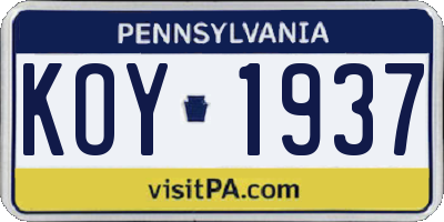 PA license plate KOY1937