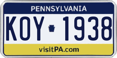 PA license plate KOY1938