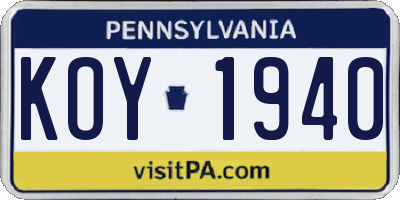 PA license plate KOY1940
