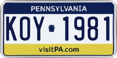 PA license plate KOY1981