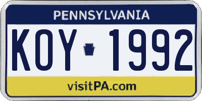 PA license plate KOY1992
