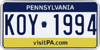 PA license plate KOY1994