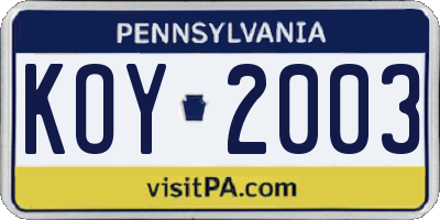 PA license plate KOY2003