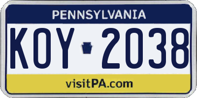 PA license plate KOY2038