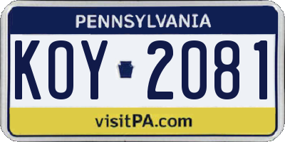 PA license plate KOY2081