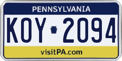PA license plate KOY2094