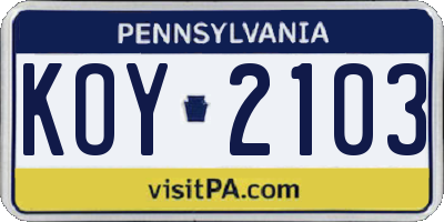 PA license plate KOY2103