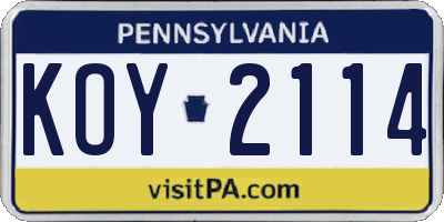 PA license plate KOY2114