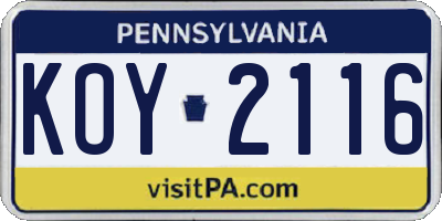 PA license plate KOY2116