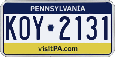 PA license plate KOY2131