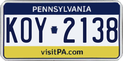 PA license plate KOY2138