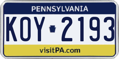 PA license plate KOY2193