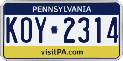 PA license plate KOY2314