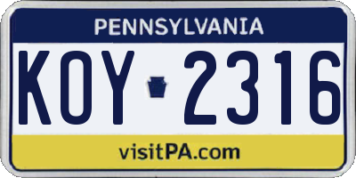 PA license plate KOY2316