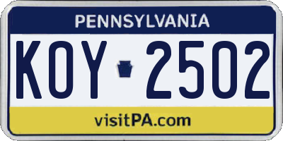 PA license plate KOY2502